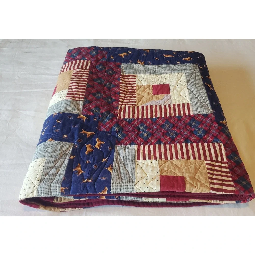 Handmade Log Cabin Patchwork Quilt Navy Blue Burgundy Plaid Dog Print 70x82